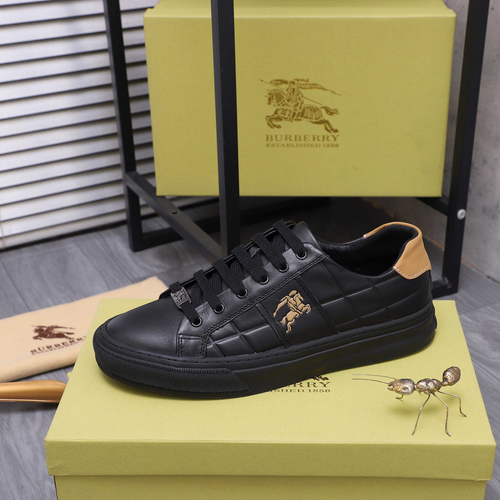 Black Burberry lace-up sneaker with tan collar trim and horse emblem on the side.