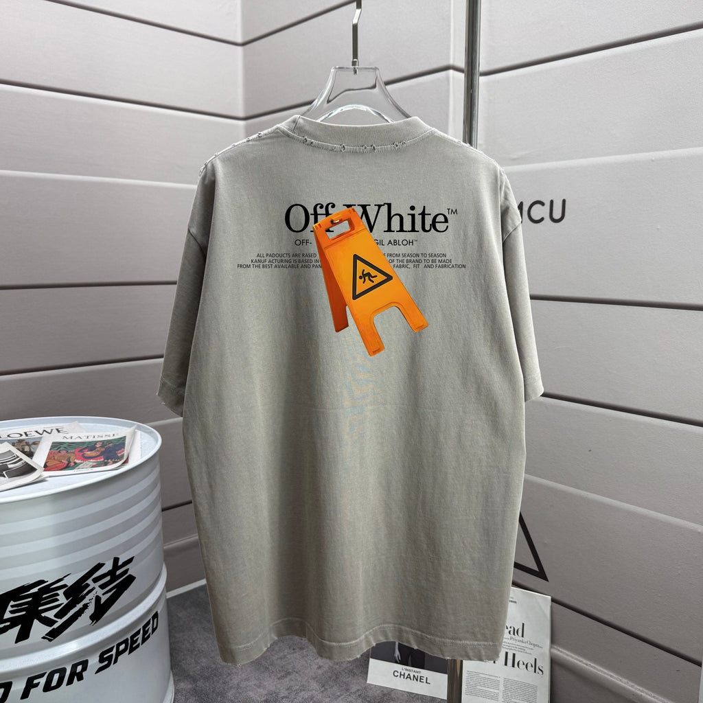 Off White gray crewneck T-shirt with central chest logo print