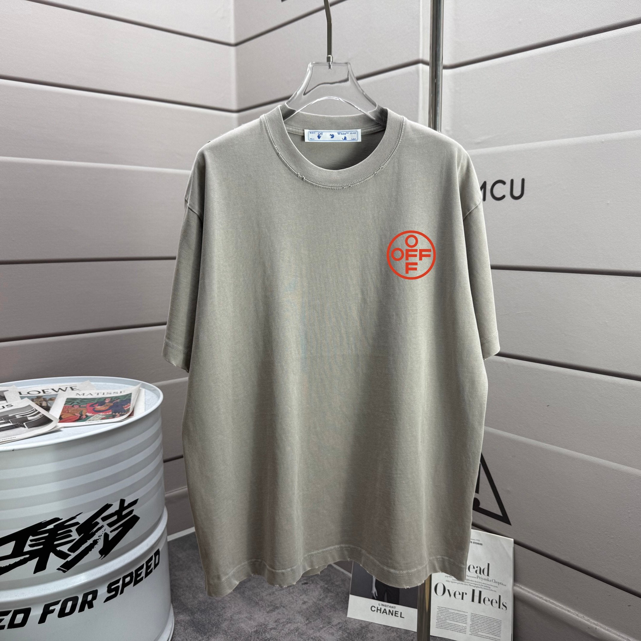Off White gray crewneck T-shirt with small chest logo emblem