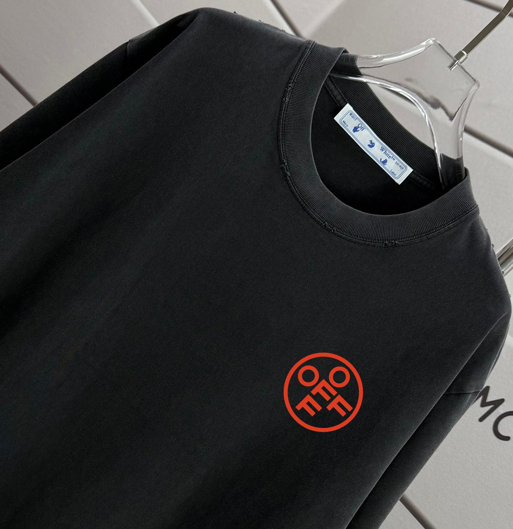 Off-White logo T-shirt neckline close-up, black fabric and red emblem