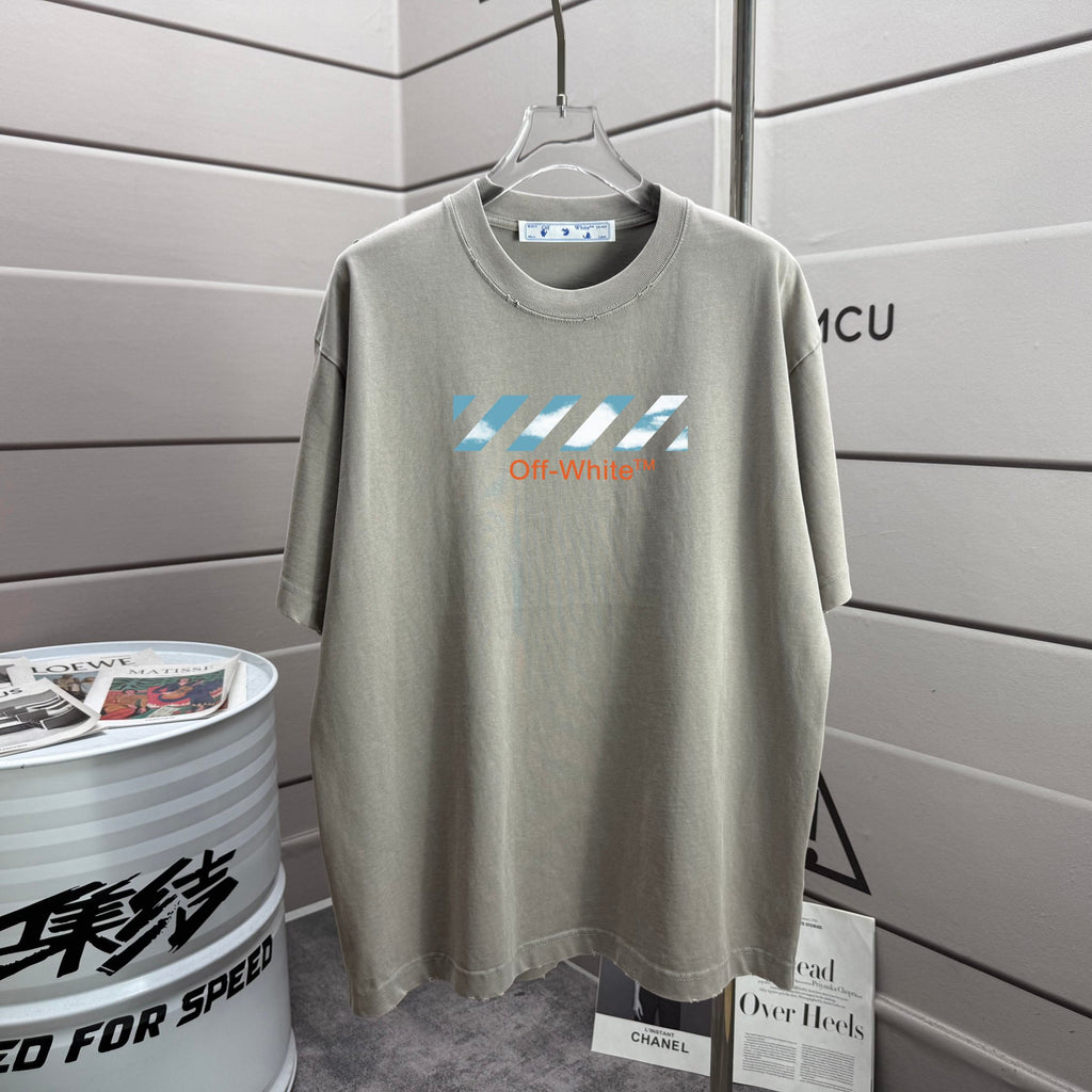 Off-White logo T-shirt in light gray with colorful chest text print