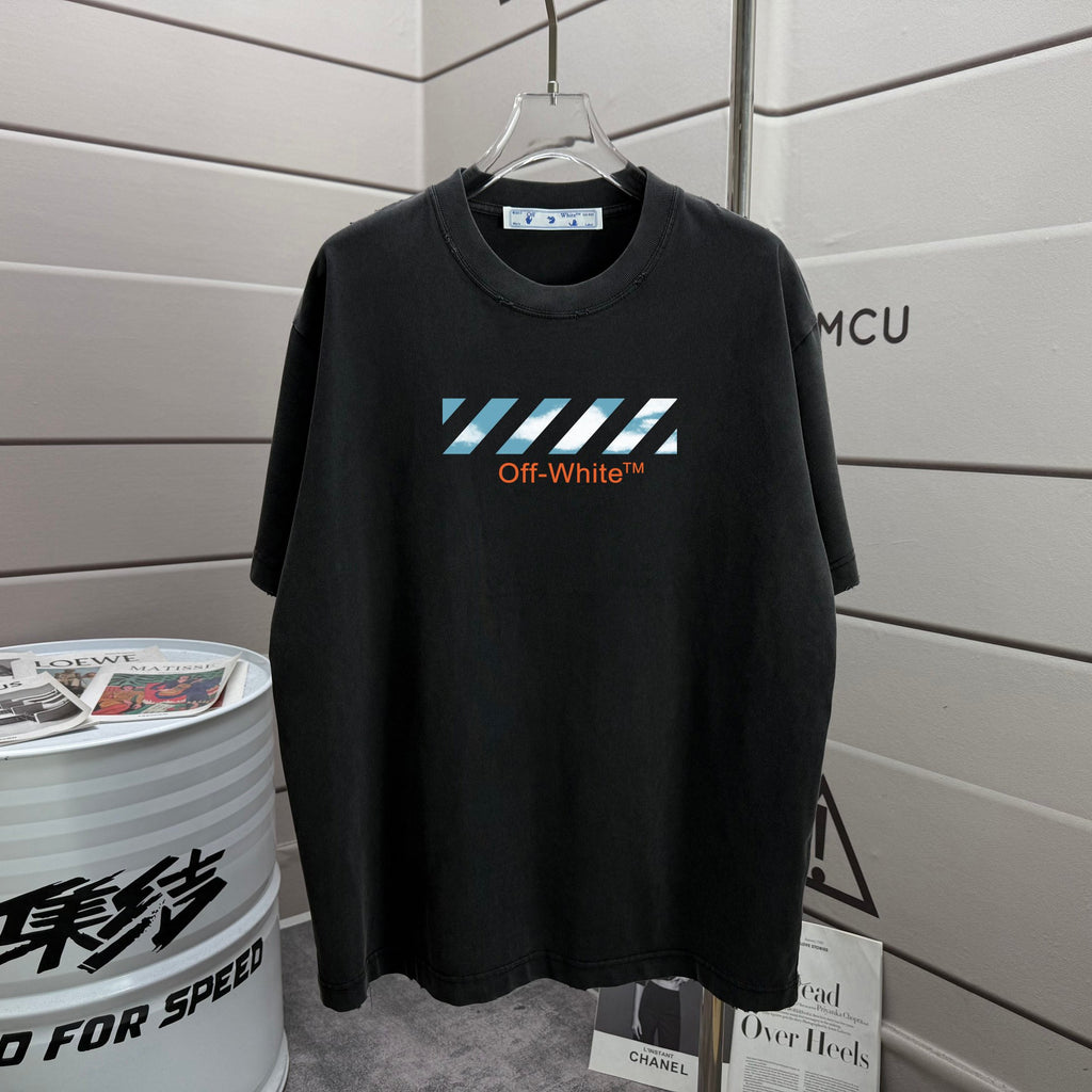Off-White T-shirt in black with blue "Off-White" logo and diagonal stripe mark