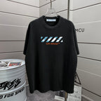 Off-White T-shirt in black with blue "Off-White" logo and diagonal stripe mark