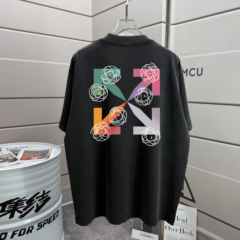 Off-White T-shirt with black back and multicolor geometric graphic print