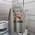 Light gray crewneck T-shirt with graphic logos at chest