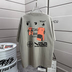 Light gray crewneck T-shirt with graphic logos at chest