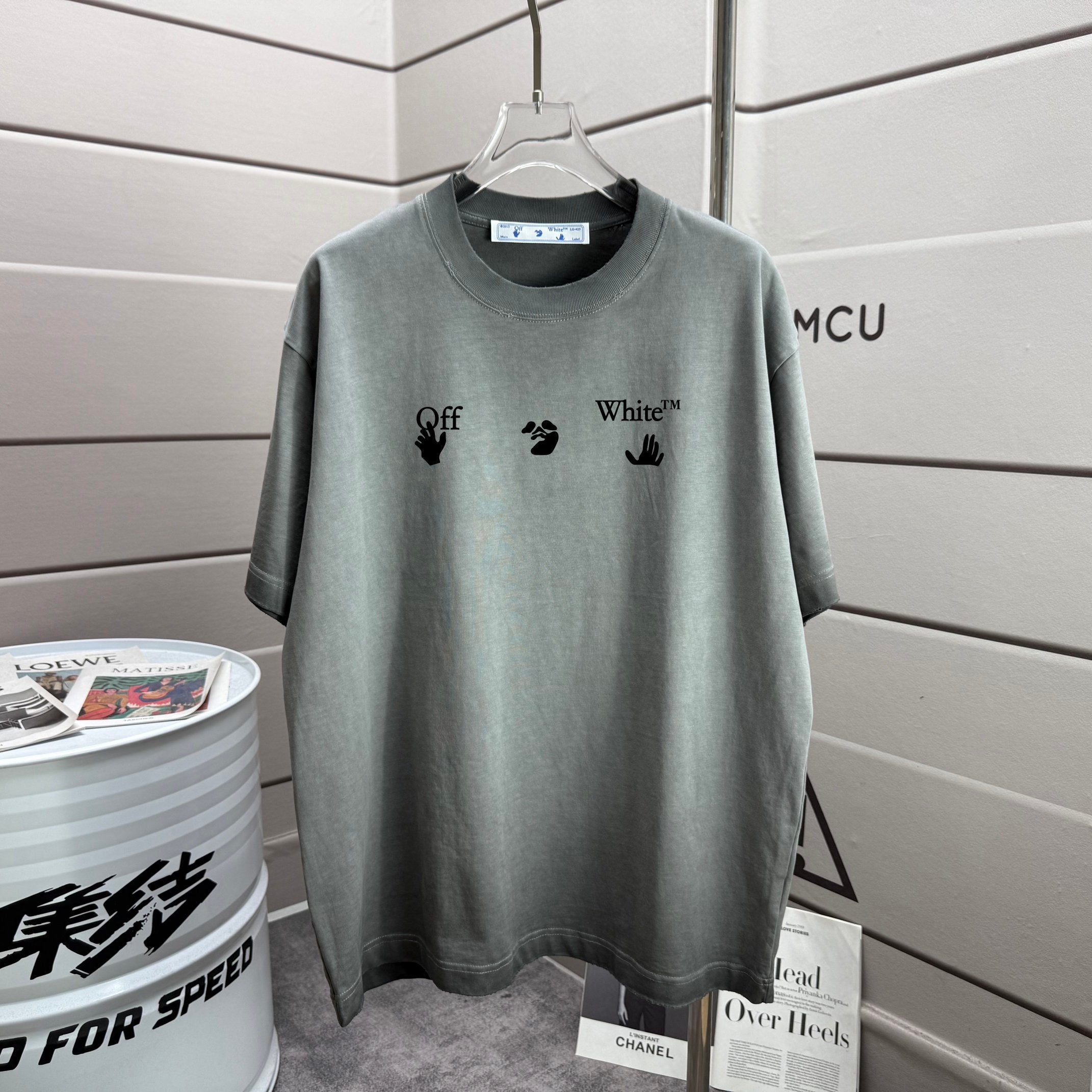 Off White graphic crew-neck T-shirt, dusty gray, front view