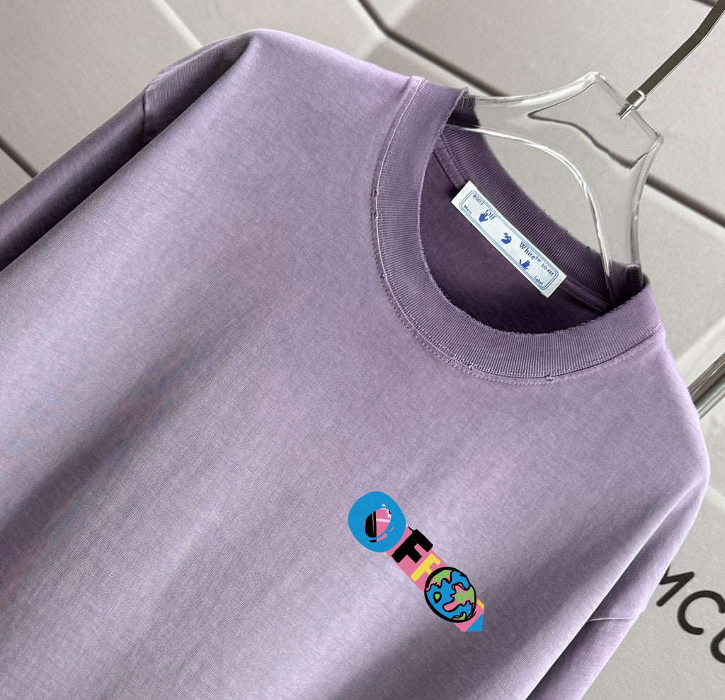 Off White lavender T-shirt close-up of crew neck and small multicolor front graphic