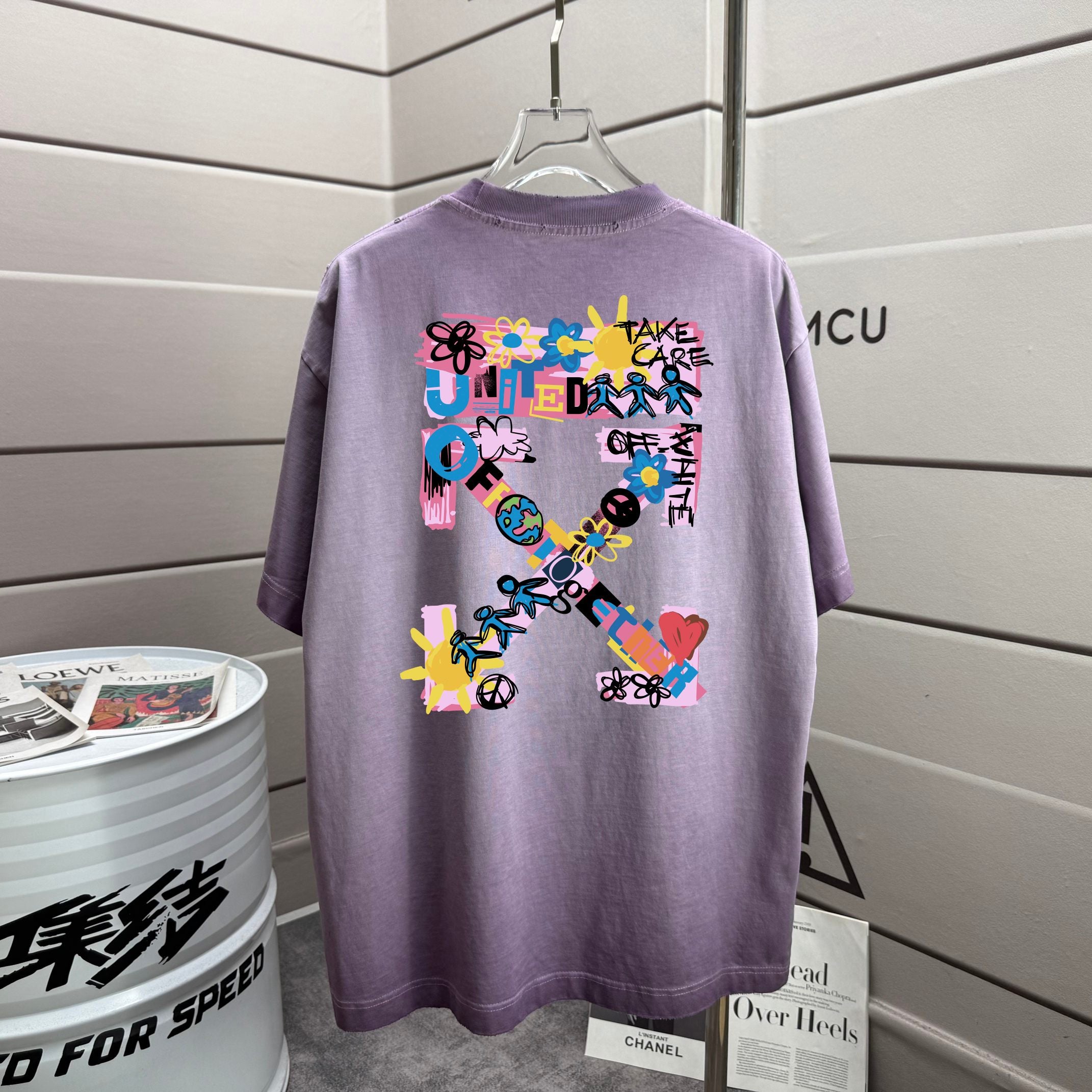 Off White lavender T-shirt with large multicolor back graphic, short sleeves, crew neck