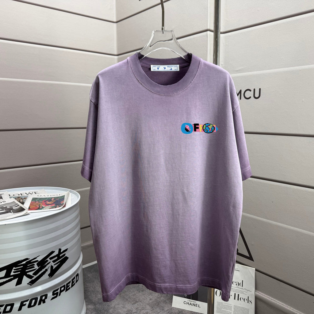 Off White lavender T-shirt with small multicolor front logo print, crew neck, short sleeve