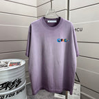 Off White lavender T-shirt with small multicolor front logo print, crew neck, short sleeve