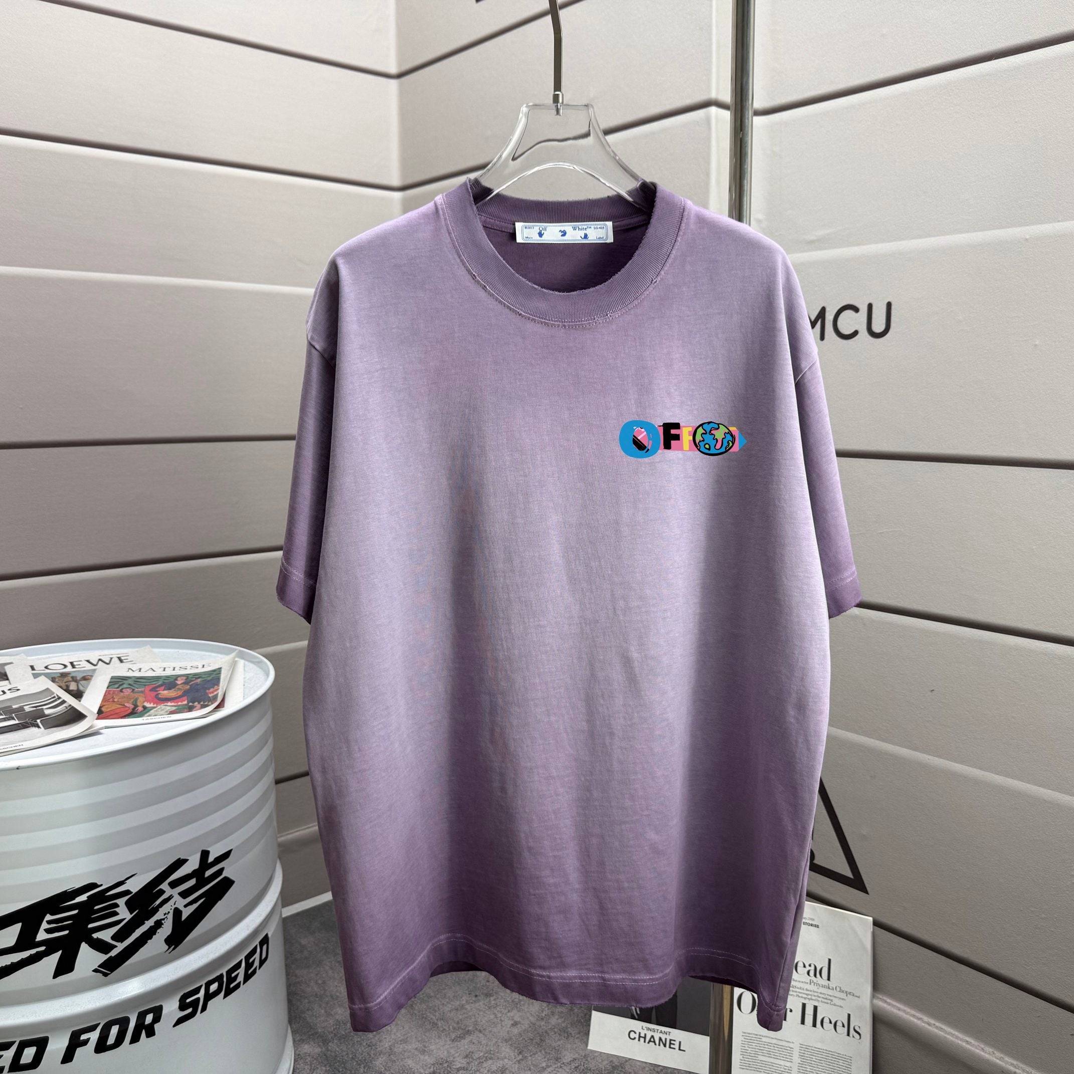 Off White lavender T-shirt with small multicolor front logo print, crew neck, short sleeve
