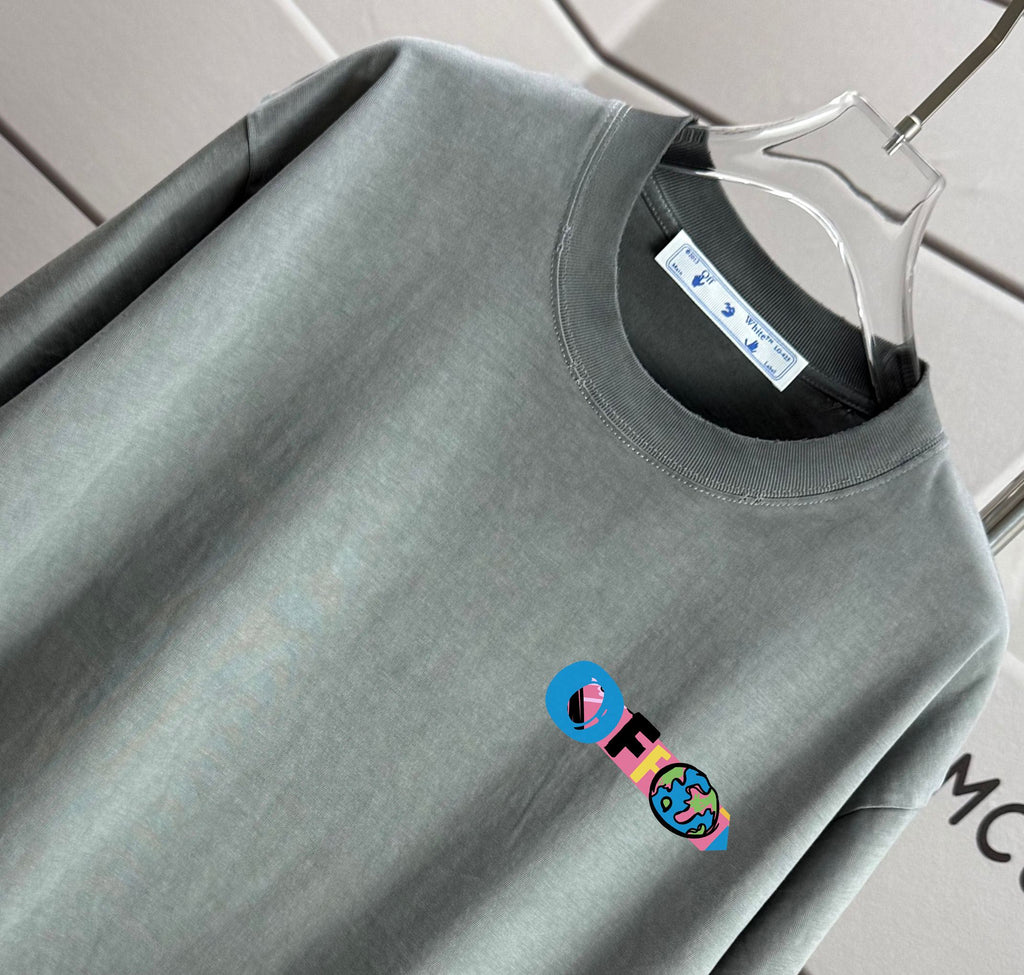 Dark gray crew-neck T-shirt with short sleeves and small chest graphic detail