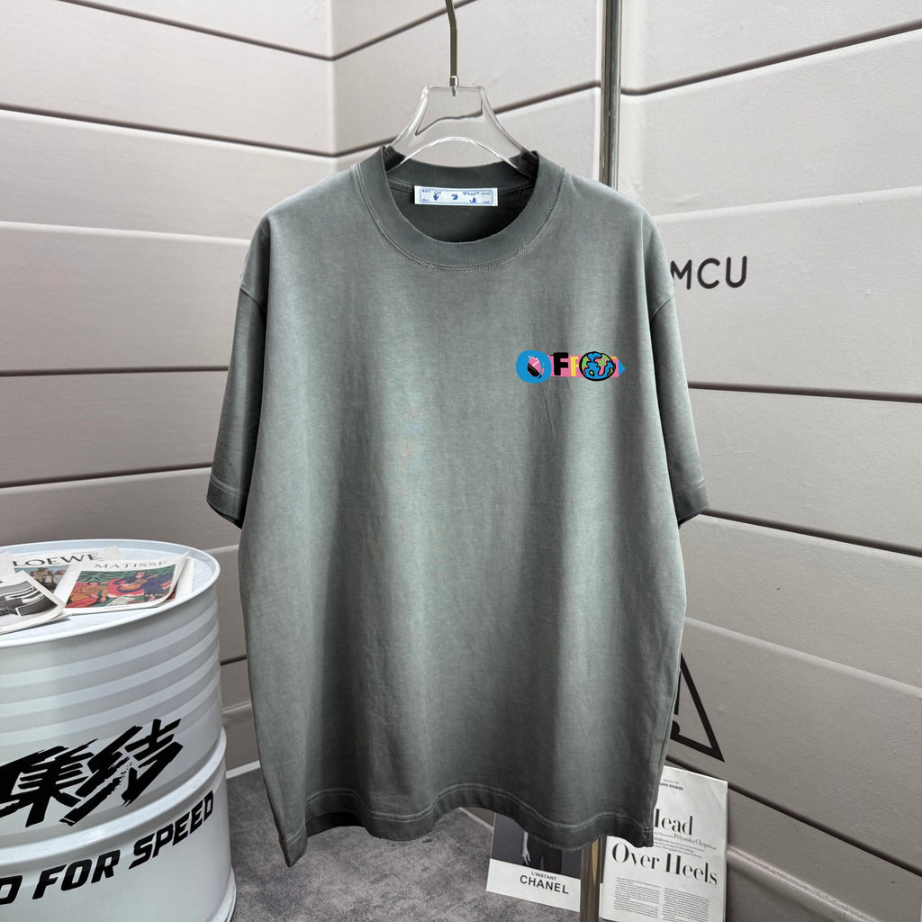 Short-sleeve T-shirt in dark gray with small colorful chest logo print