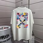 Off-white T-shirt with colorful graphic print on back