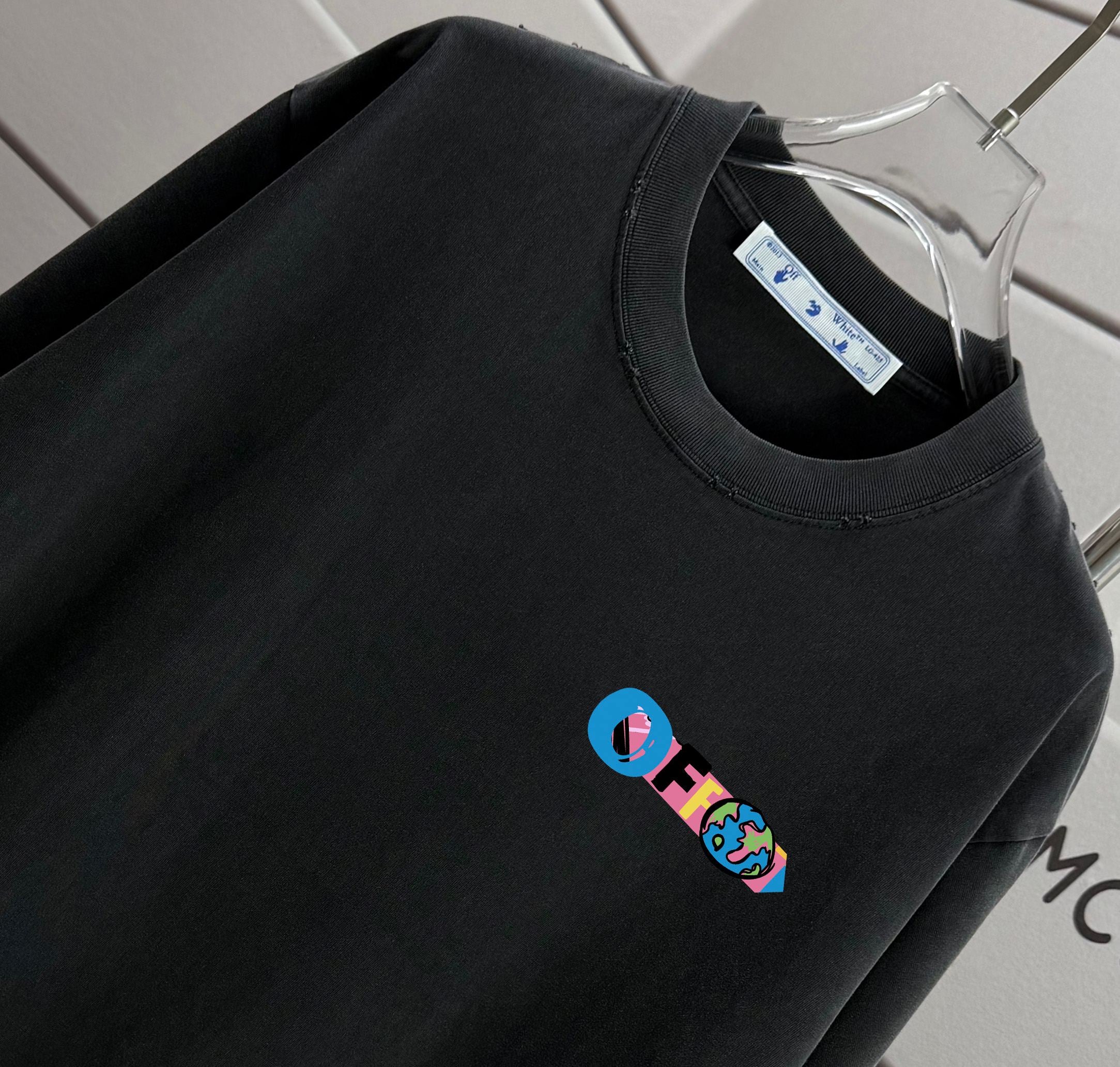 Off White black T-shirt with crew neck and small colorful logo graphic