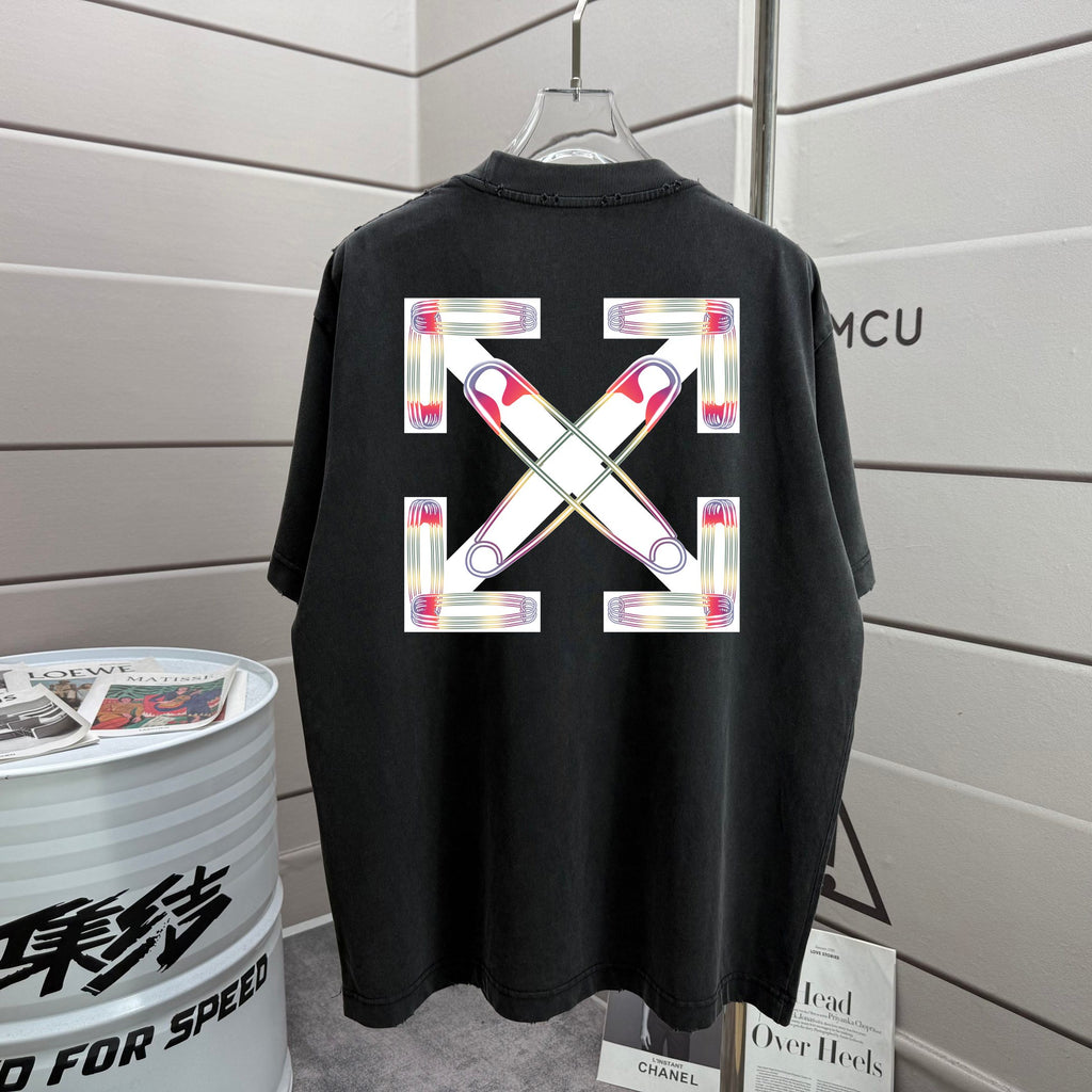 Black T-shirt with colorful back X-and-cross graphic design