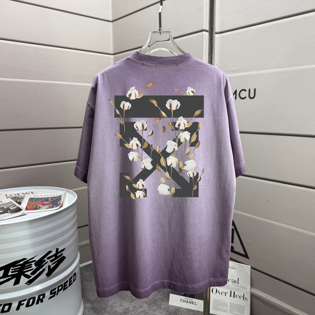Off-White short-sleeve T-shirt with floral back graphic, lavender