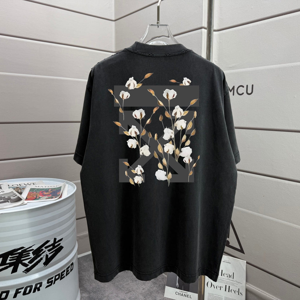 Black T-shirt with large back floral print design