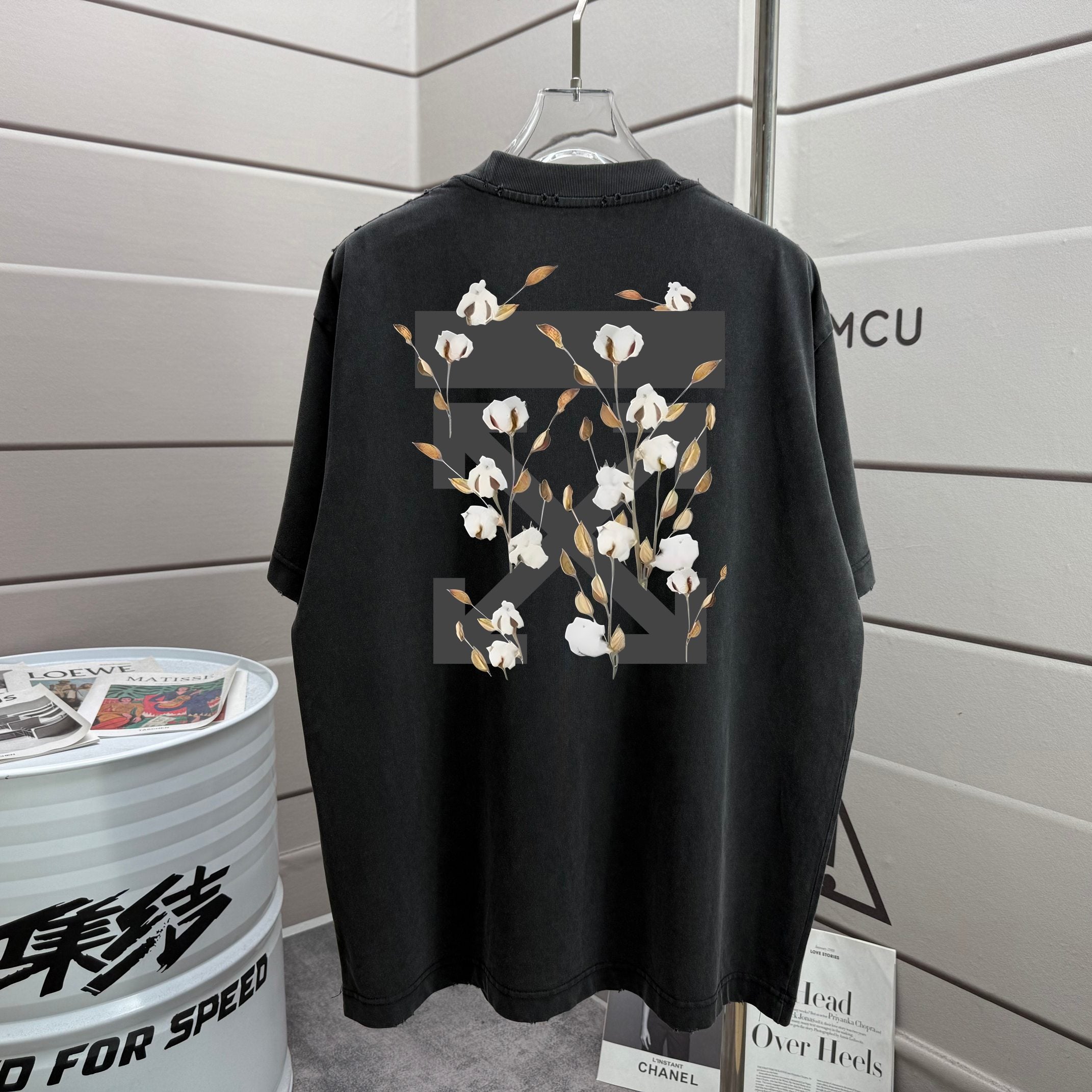 Black T-shirt with large back floral print design