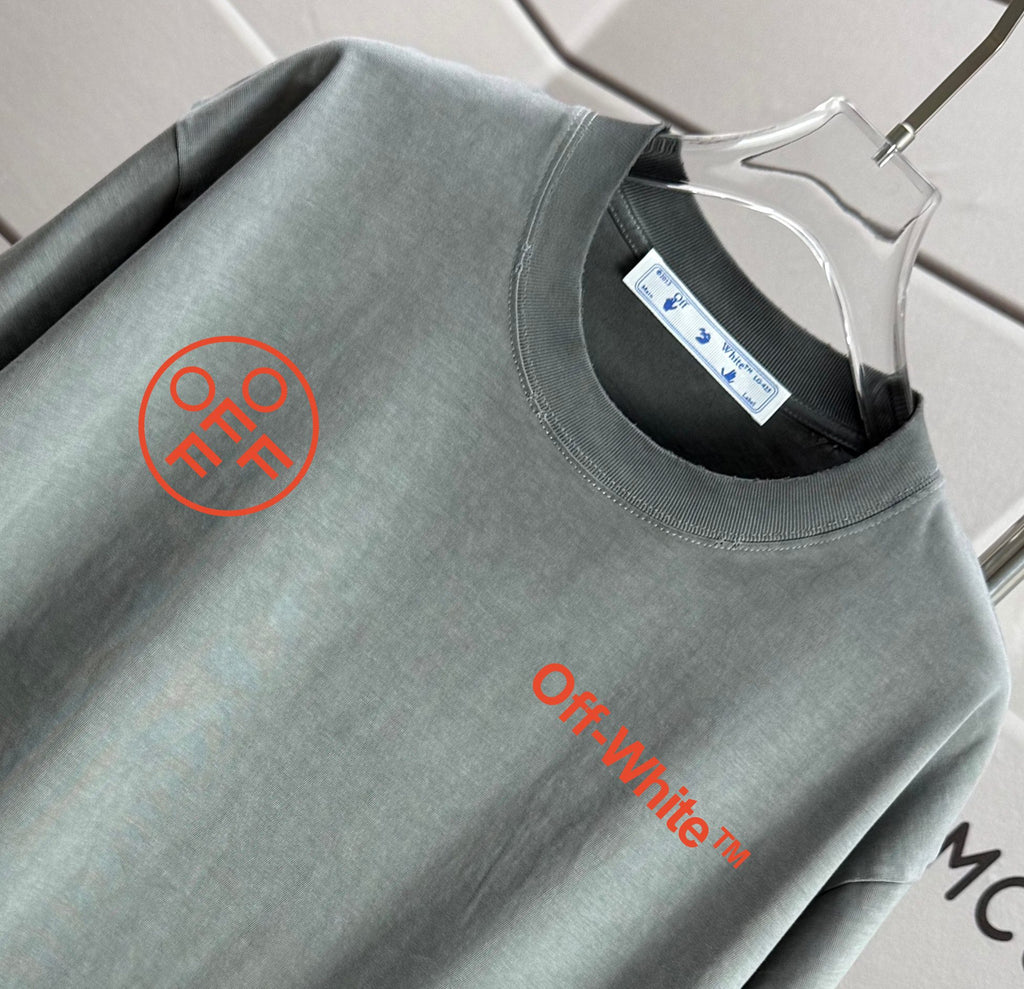 Gray T-shirt neckline with embroidered Off-White logo and red text