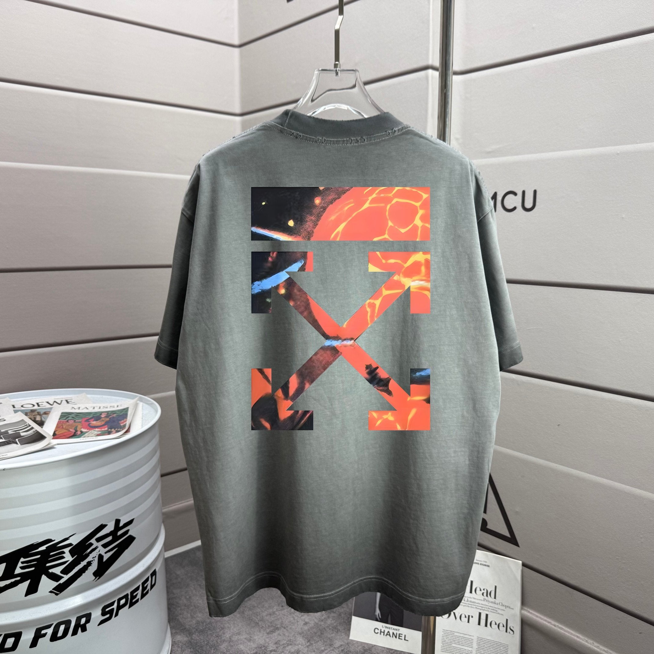 Gray T-shirt with large multicolor Off-White graphic print on back