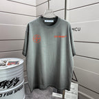 Gray T-shirt with small red Off-White logo and text on chest