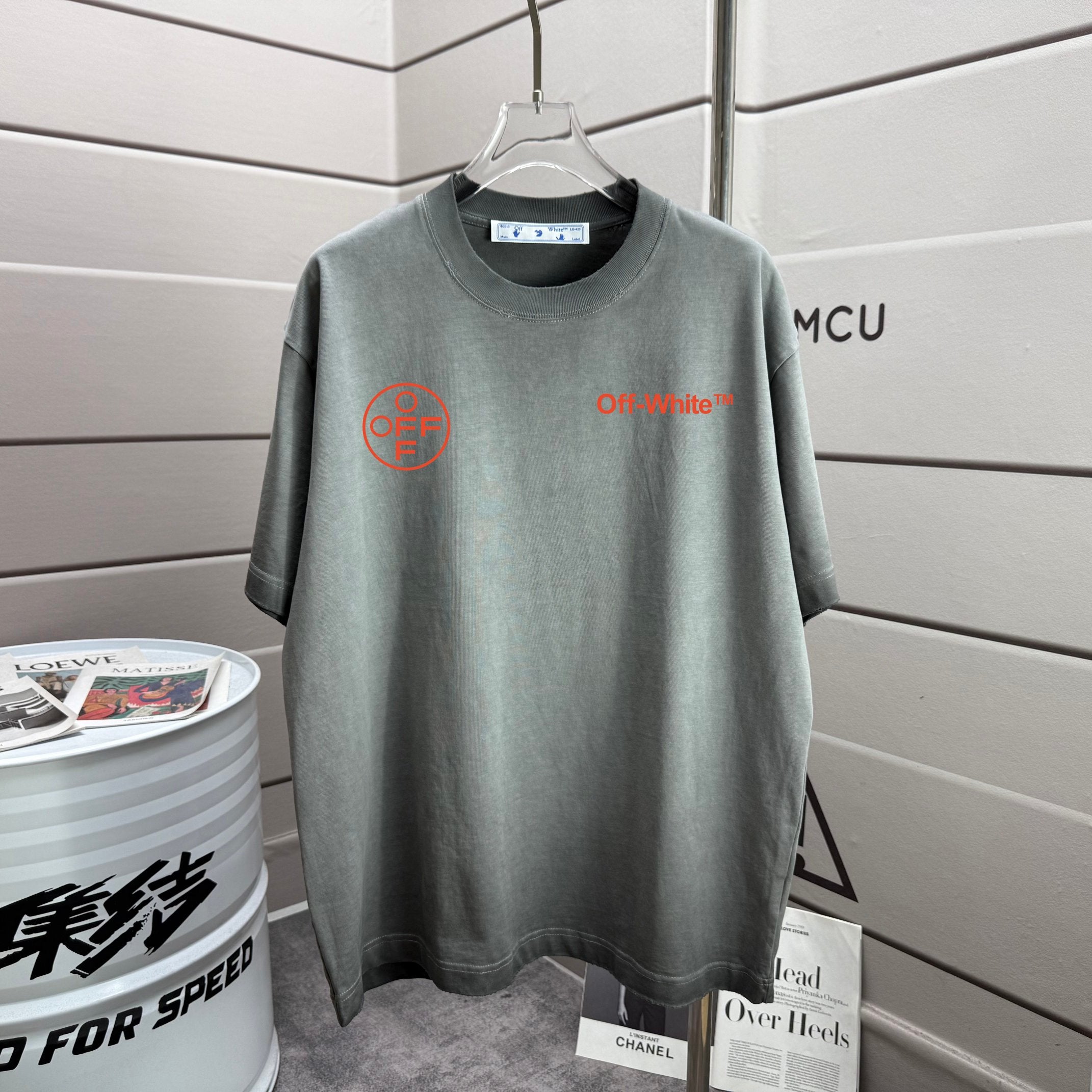 Gray T-shirt with small red Off-White logo and text on chest
