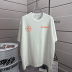 Off-White front T-shirt in off-white with Off-White logo text and red circle emblem
