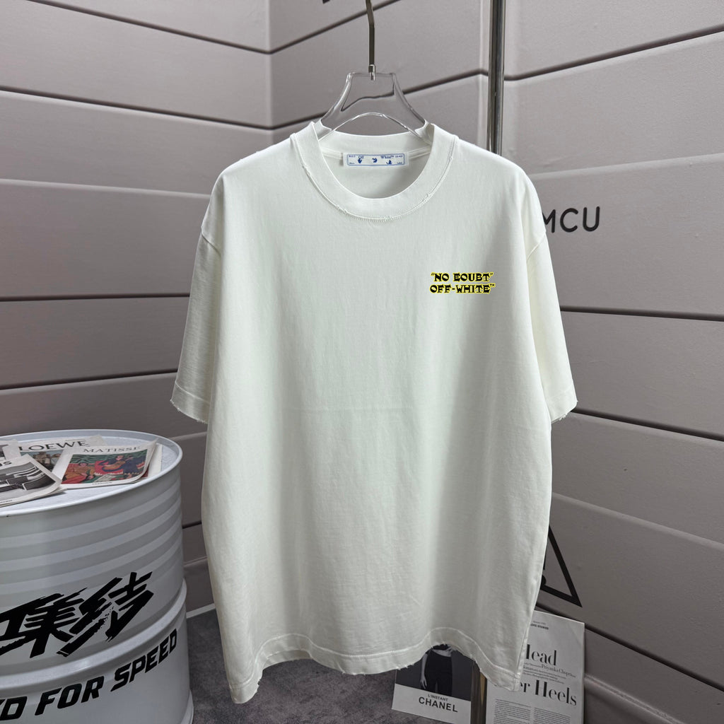 Off-white T-shirt with small chest text “NO DOUBT OFF-WHITE”