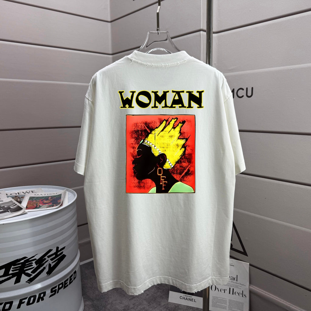 Off-white T-shirt with large back graphic and yellow “WOMAN” text