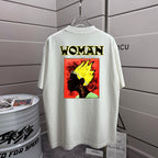 Off-white T-shirt with large back graphic and yellow “WOMAN” text
