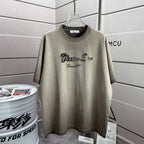 Gray short-sleeve T-shirt with black script logo on front