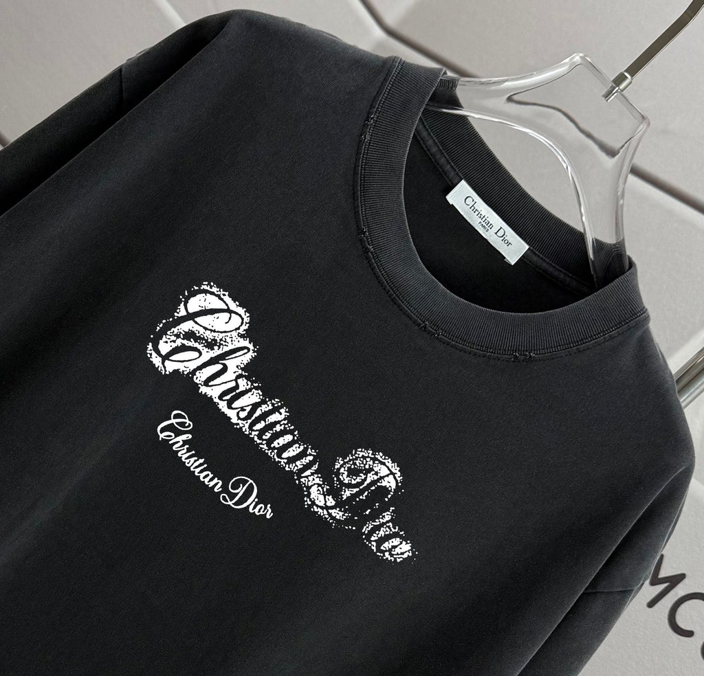 Black crewneck T-shirt with sparkling Christian Dior logo print
