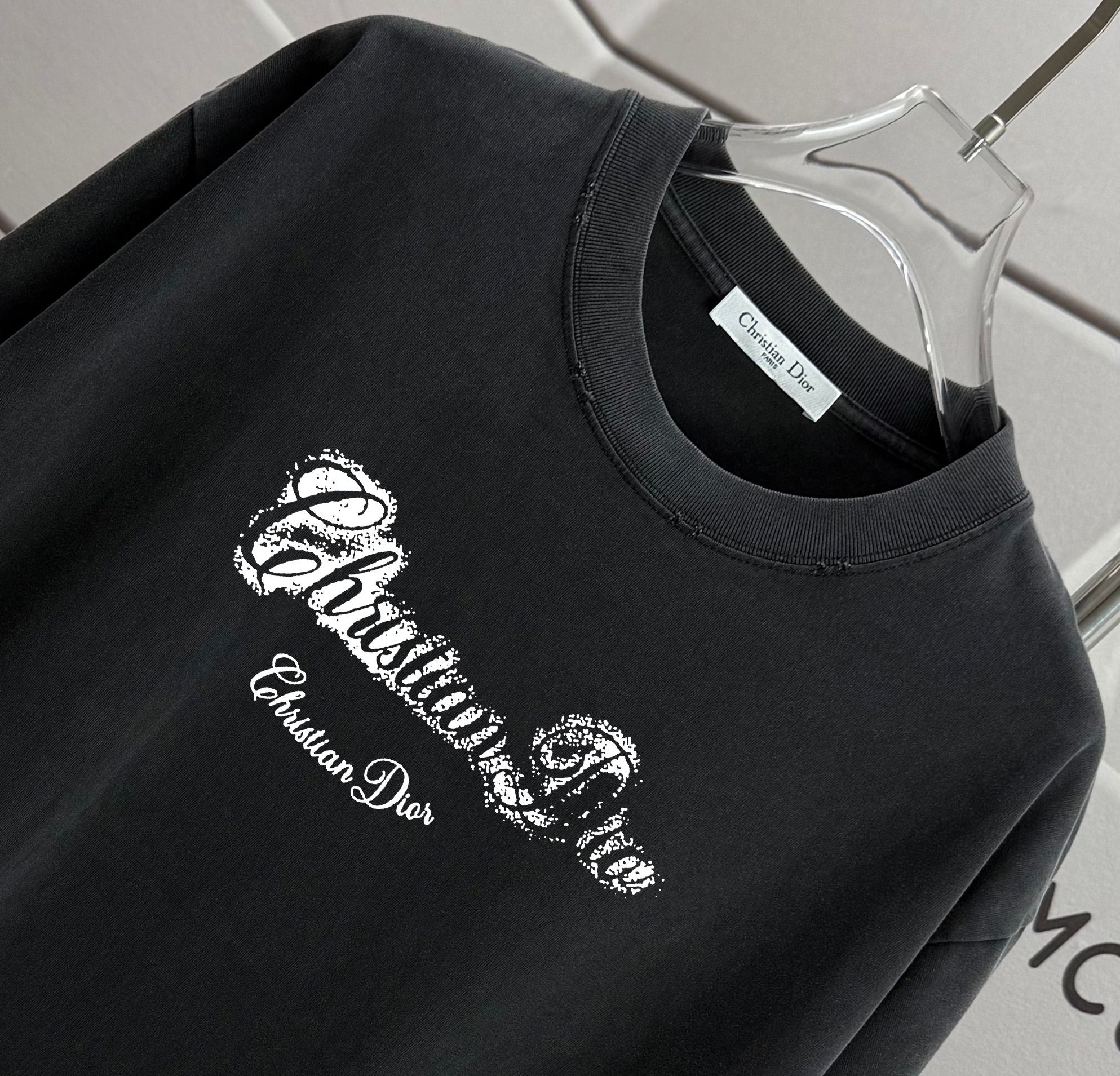 Black crewneck T-shirt with sparkling Christian Dior logo print