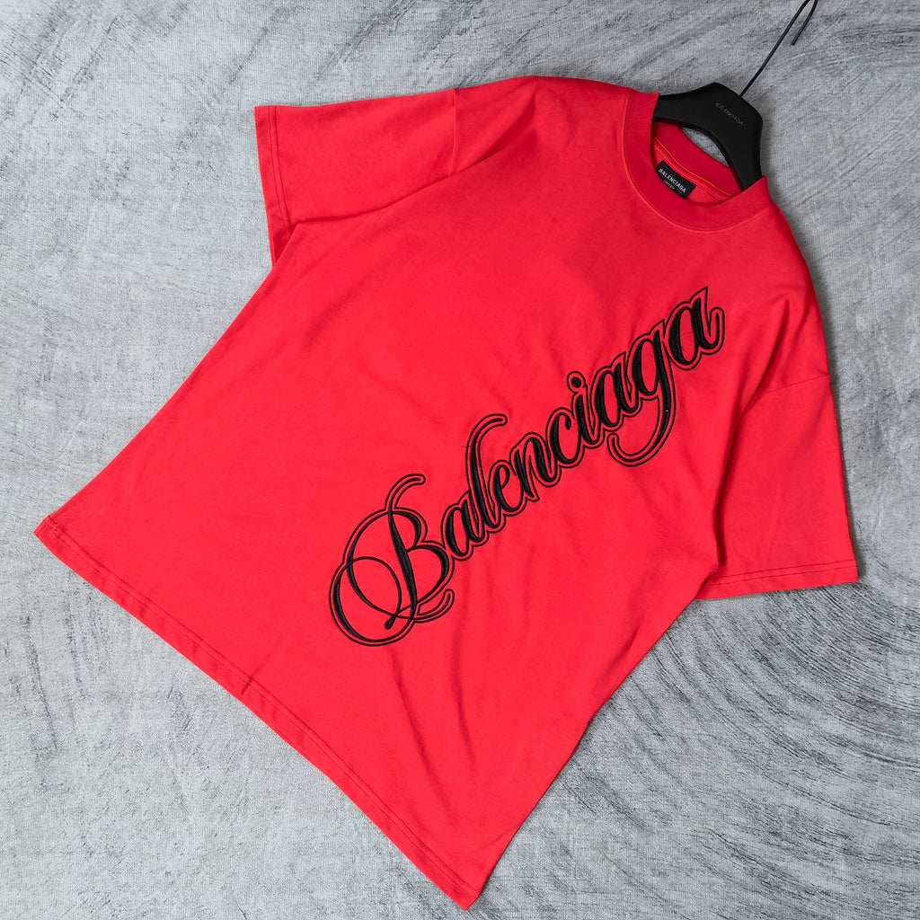 Balenciaga red short-sleeve T-shirt with black Balenciaga script graphic