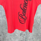 Balenciaga red short-sleeve T-shirt lower front with black script graphic