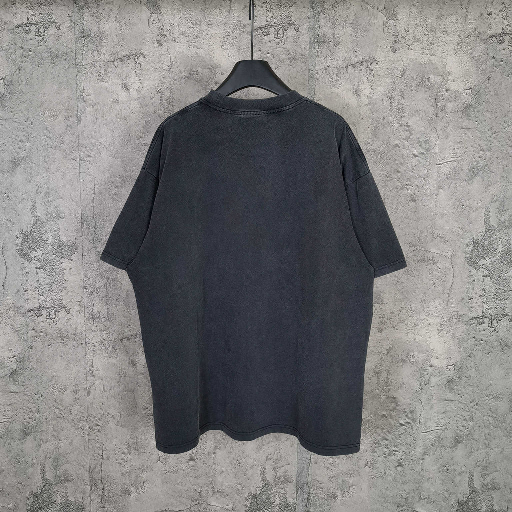 Dark wash crewneck T-shirt, back view with short sleeves and relaxed fit