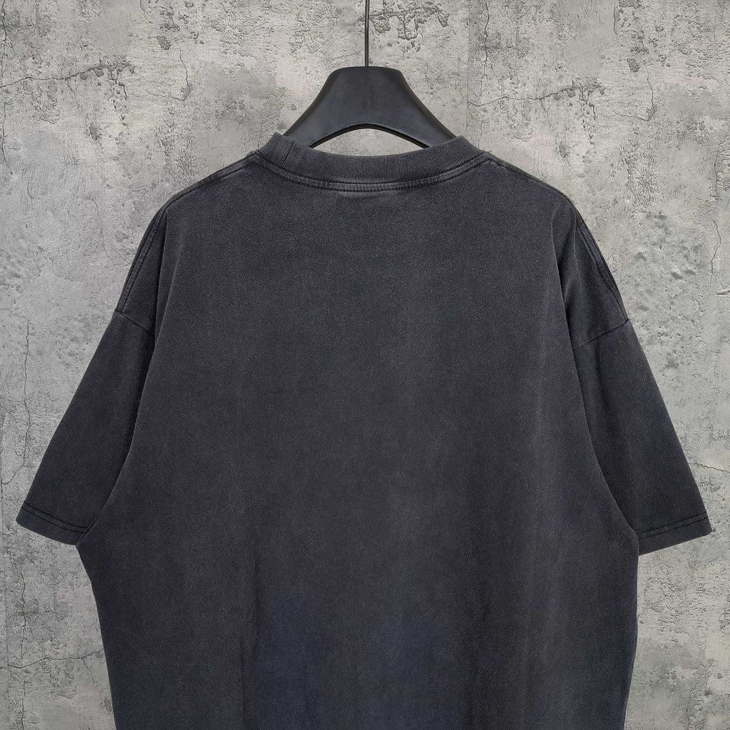 Dark wash crewneck T-shirt, back view with short sleeves and straight hem