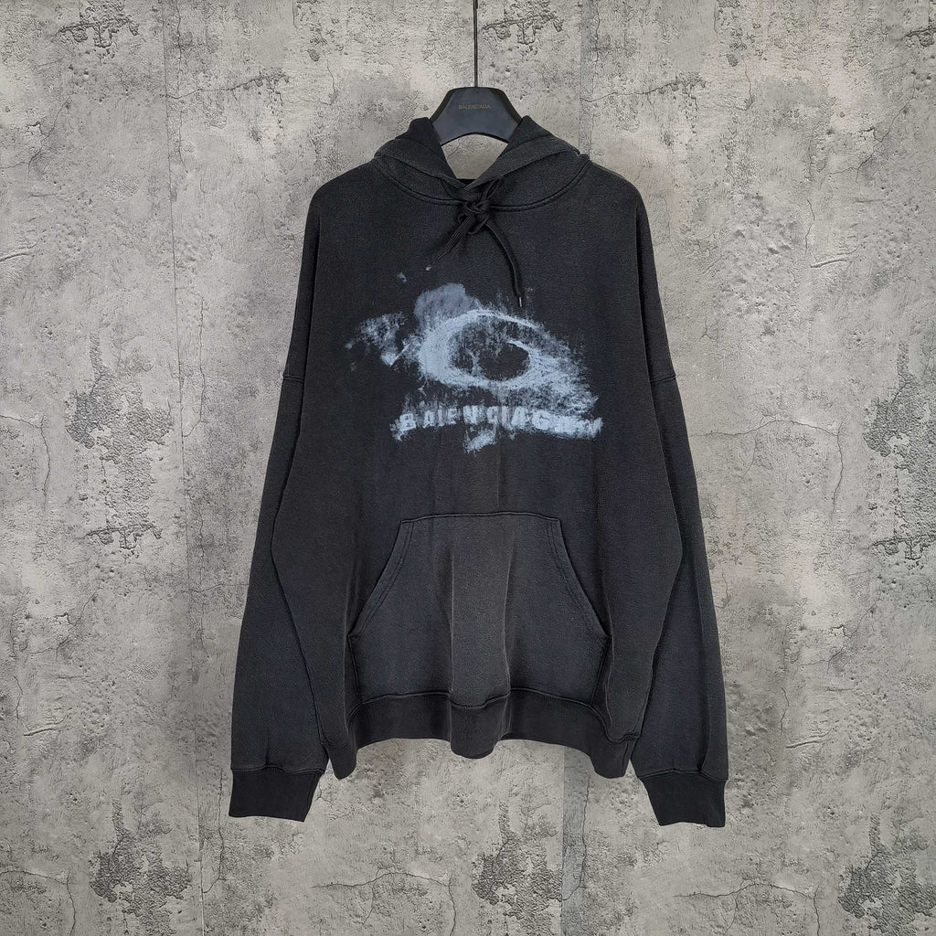 Balenciaga long-sleeve hoodie, dark with distressed logo print, hood, drawstring, pocket
