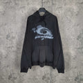 Balenciaga long-sleeve hoodie, dark with distressed logo print, hood, drawstring, pocket