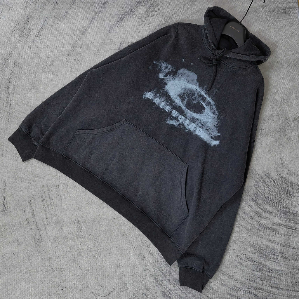 Balenciaga long-sleeve hoodie, dark with distressed logo print, hood and kangaroo pocket