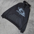 Balenciaga long-sleeve hoodie, dark with distressed logo print, hood and kangaroo pocket