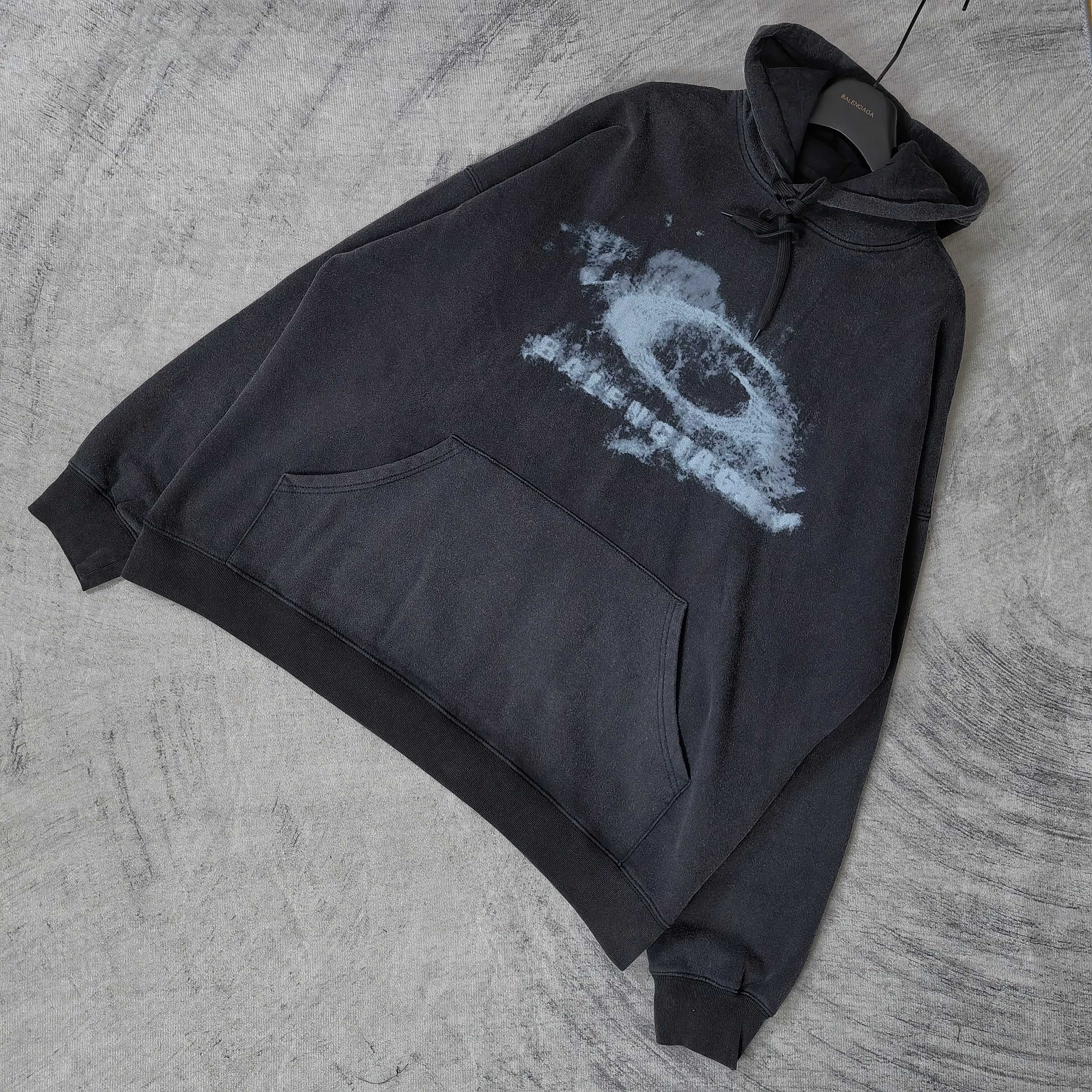 Balenciaga long-sleeve hoodie, dark with distressed logo print, hood and kangaroo pocket