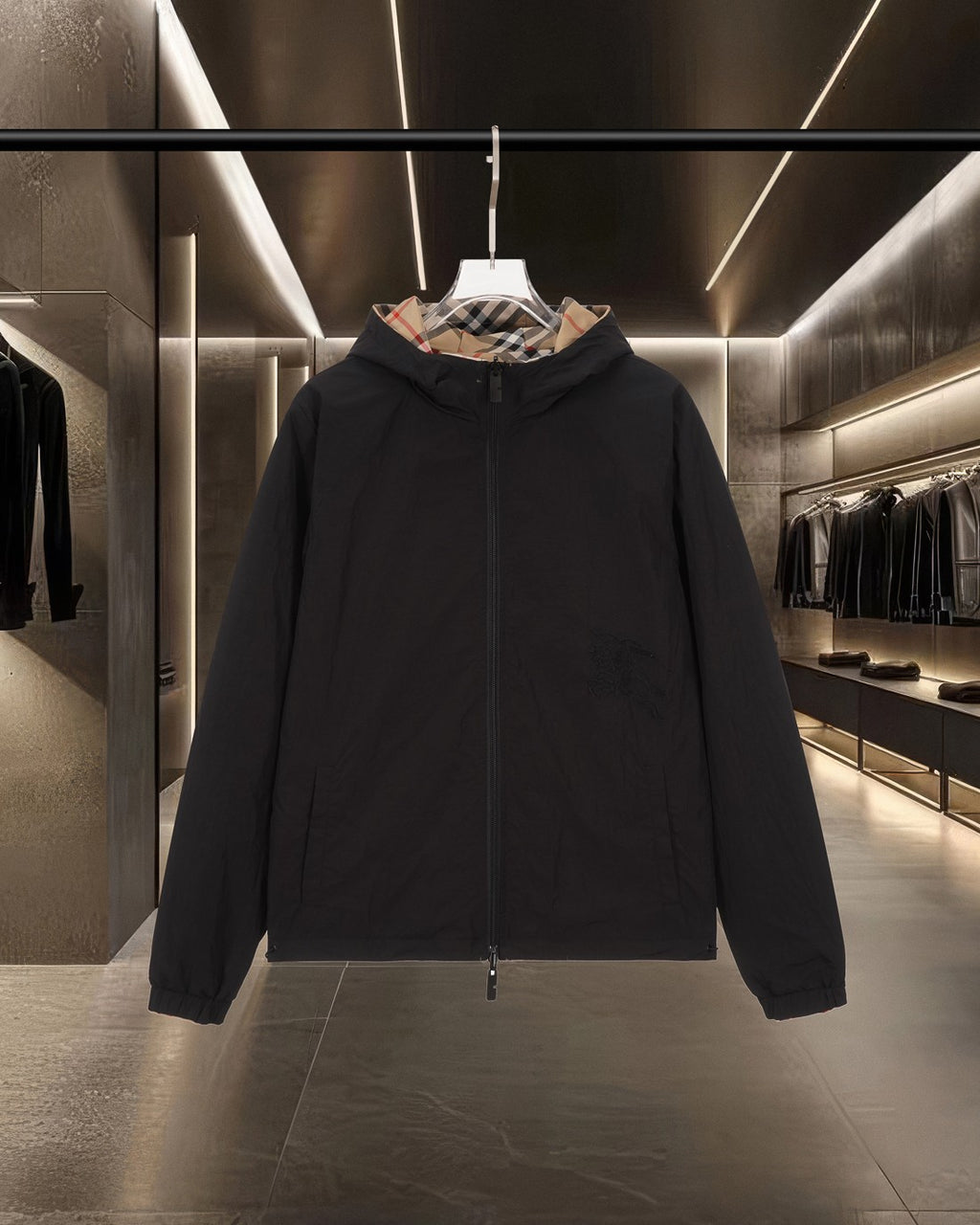 Burberry long zip-up hooded jacket, dark navy with front zipper