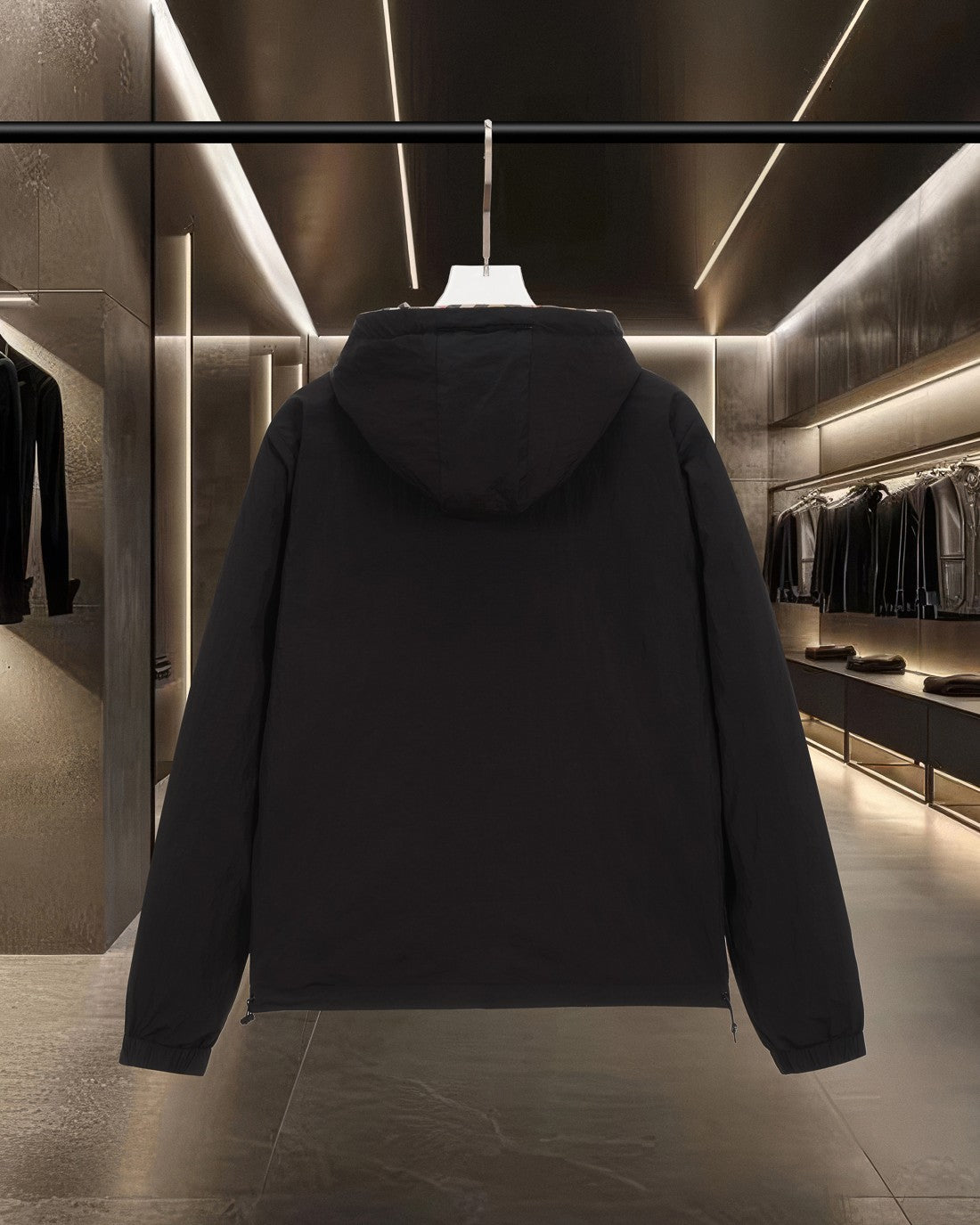 Burberry long zip-up hooded jacket, rear view with hood and center zipper