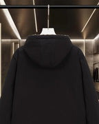Burberry long hooded jacket, back view with hood and full-length zipper