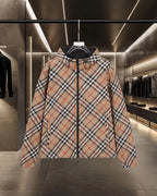 Burberry hooded jacket in beige plaid with zip-front and drawstring toggles