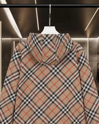 Beige plaid hooded jacket with back hood and drawstring detail