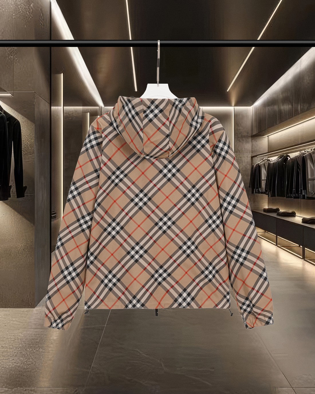 Beige plaid hooded jacket with zip-front and drawstring hood, front view